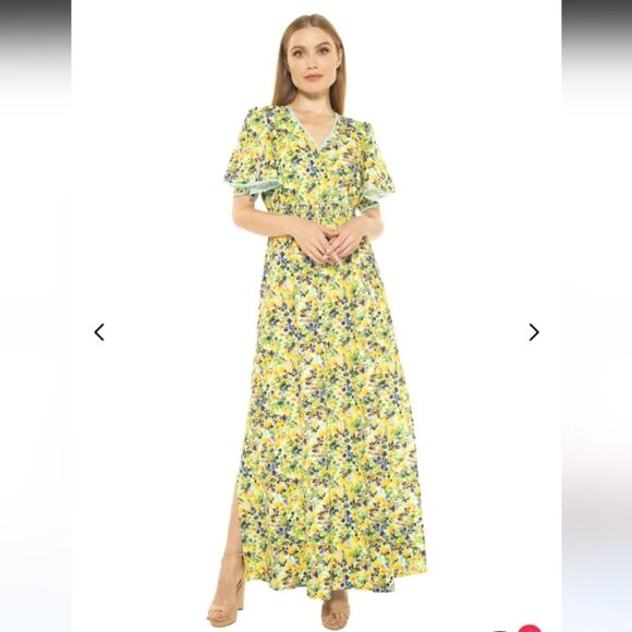 Alexia Admir Yellow Floral Gianna Flutter Sleeve Maxi Dress Size 2 EUC P2P 16 In - Picture 1 of 10